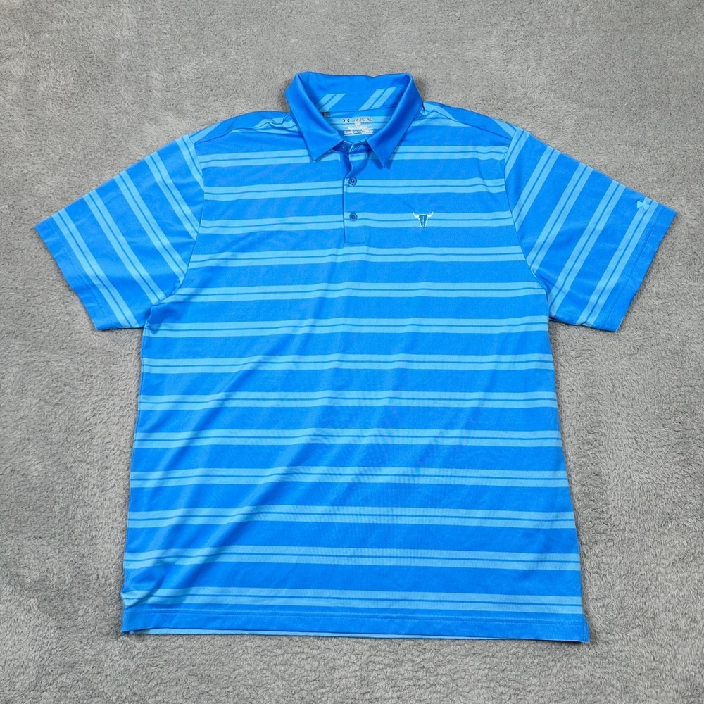 Under Armour HeatGear Mens 2XL Blue Striped Loose Fit‎ Polo Shirt Steer Skull